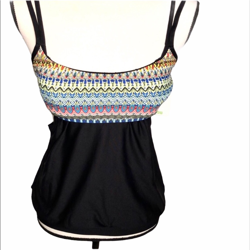Next by Athena Tankini top 32 B/C black and colorful multi geometric print NWT